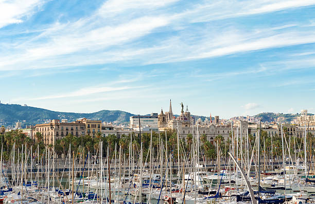 view at barcelona and sail boats in port vell, spain - real madrid barcelona 個照片及圖片檔