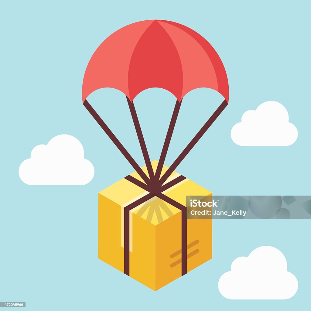 Delivery concept. Brown box floating in blue sky with parachute Delivery concept. Brown box floating in blue sky with parachute. Creative flat design. Colorful vector illustration. Blue background Package stock vector