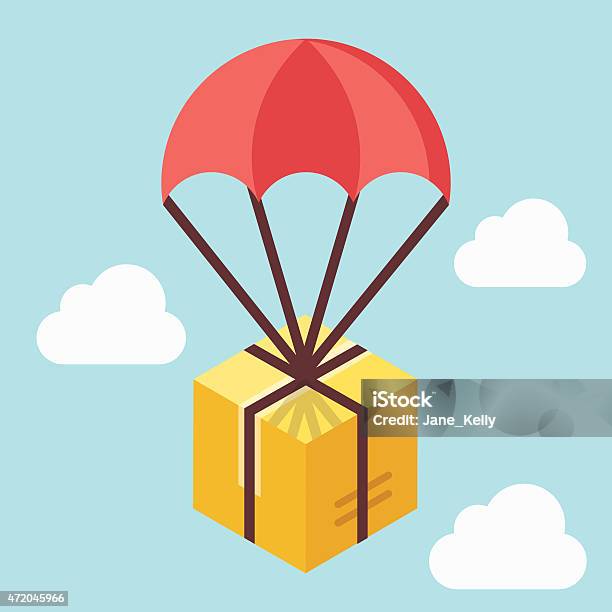 Delivery Concept Brown Box Floating In Blue Sky With Parachute Stock Illustration - Download Image Now