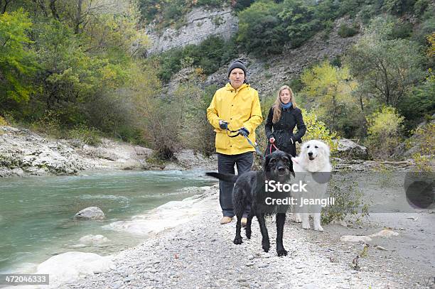 Photo libre de droit de Couple Marchant Avec Deux Chiens Dans La Campagne banque d'images et plus d'images libres de droit de Activité - Activité, Adulte, Adulte d'âge mûr