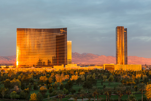 Las Vegas, Nevada, USA - November 28, 2013:  Sunrise view of the popular upscale Wynn Casino Resort  on the Las Vegas strip.