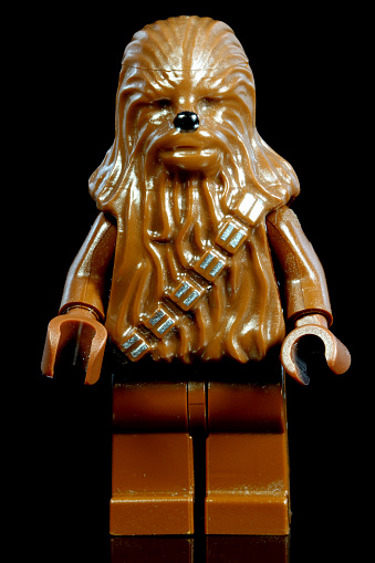 Vancouver, Canada - December 18, 2012: A Lego Chewbacca from the Star Wars film franchise, posed against a white background.