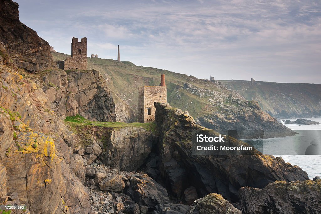 Botallack Mines on Cornwall's north coast near St Just These are two abondoned old Cornish Tin mine engine houses on the edge of the cliffs near St Just in Cornwall Cornwall - England Stock Photo