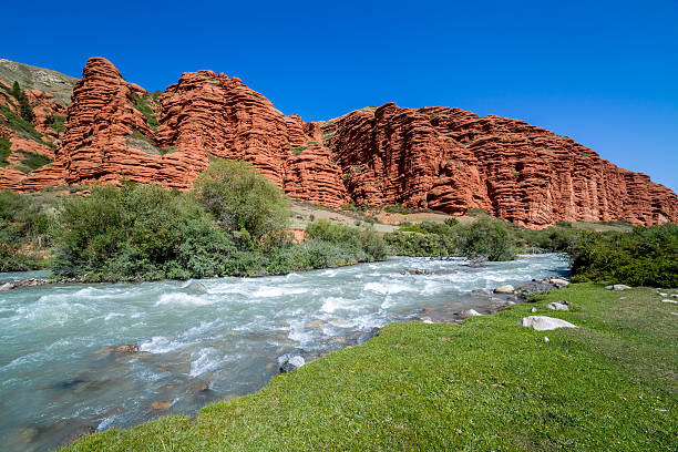 Djuku river along majestic rock formations. Tien Shan mountains, Kyrgyzstan