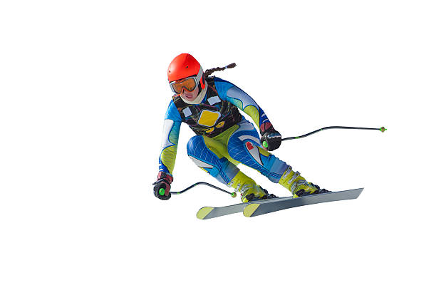 Young Woman at Ski Race on White Background Front view of young female professional skier at ski competition cup, white background alpine skiing stock pictures, royalty-free photos & images