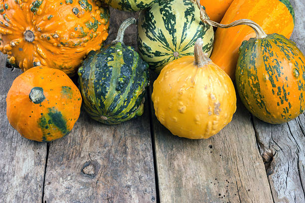 istock Pumpkins on a wooden table , backrounds 472059051