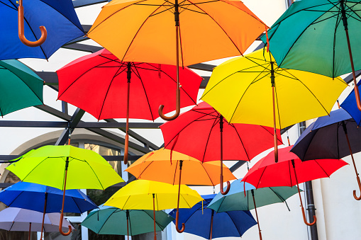 A set of many colorful and open umbrellas