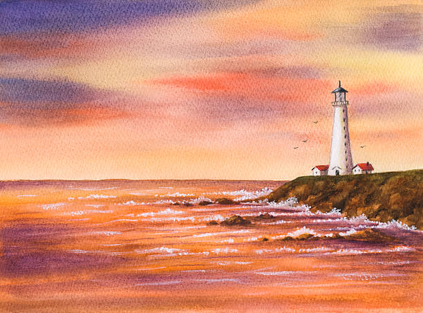 Lighthouse at Sunset stock photo