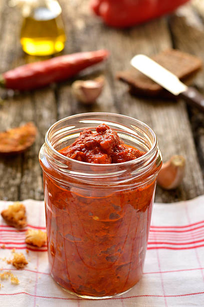 Red Pepper Relish. Ajvar in jar (Serbia). stock photo