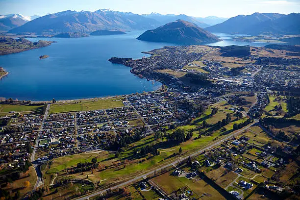 An aerial view of Wanaka, on New Zealand's South Island.