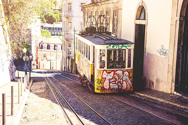 istock Typical Lisbon road with a yellow tram 472067375