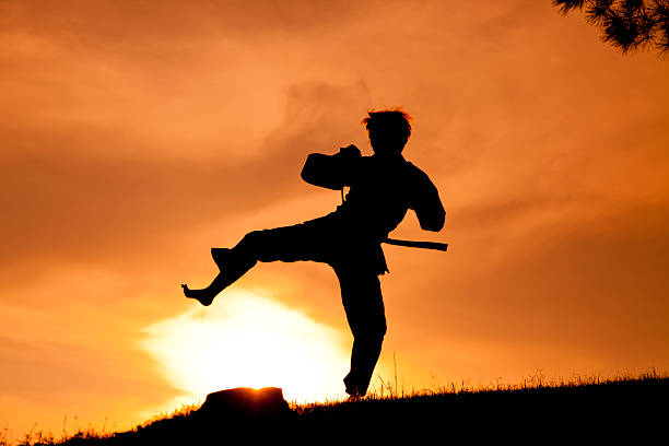 istock Woman in silhouette practicing martial arts, karate. Sunset. Outdoors. Sky. 472067973
