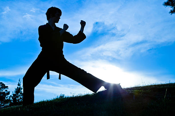 istock Woman in silhouette practicing martial arts, karate. Sunset. Outdoors. Sky. 472068027