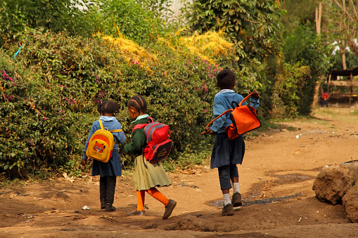 Arusha, Tanzania - September 10, 2012:  Three young African school girls walk home from school in Arusha, Tanzania on September 10, 2012.