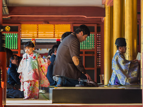 Fukuoka, Japan - November 13 2013: Shichi-go-san, traditional rite of passage and festival day in Japan for 3 and 7-year-old girls and 3 and 5-year-old boys.