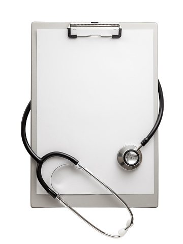 Blank clipboard and stethoscope, Isolated on white, Clipping path