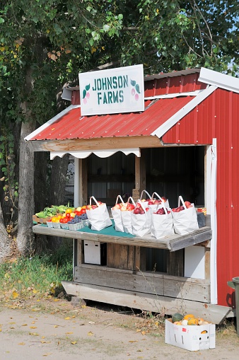 Traverse City, Michigan, USA - September 25, 2008: An old fashioned fruit stand on the side of the road on the Old Mission Peninsula, outside of Traverse City