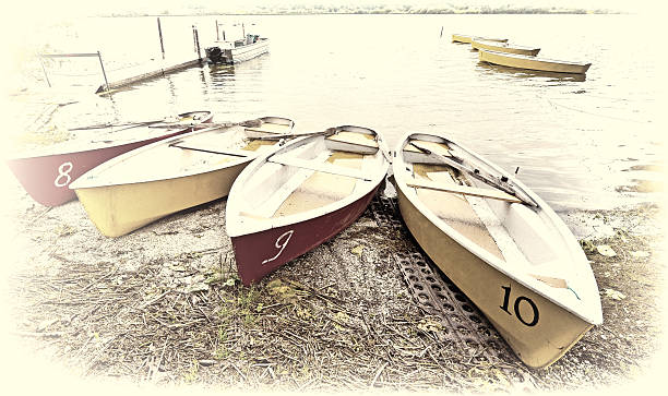 Boats Boats Moored on the Lake  in Bavaria, Vintage Style Toned Picture bollard pier water lake stock pictures, royalty-free photos & images