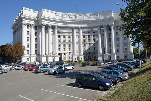 Kiev, Ukraine - August 20, 2013: Building of the Ministry of Foreign Affairs in Kiev. It's the only building erected on the place of St. Michael's Golden Domed Monastery demolished in 1935