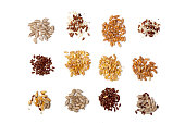 Collection of Cereal Grains and Seeds isolated on white background