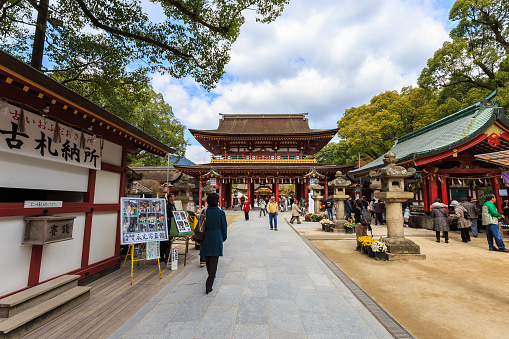 Fukuoka, Japan - November 13 2013: It is built over the grave of Sugawara no Michizane and is one of the main shrines dedicated to Tenjin, the deified form of Michizane.
