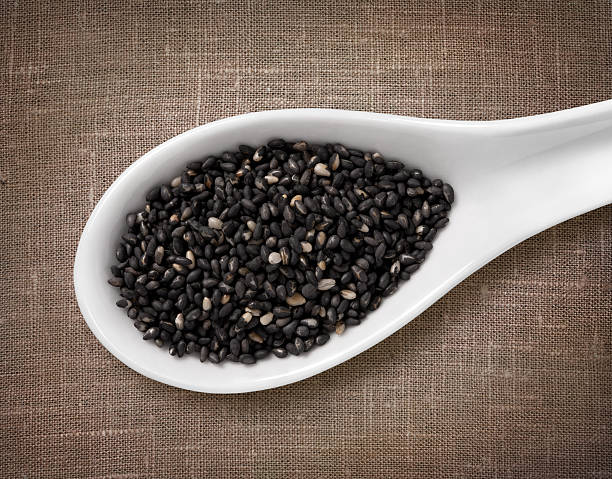 istock Black sesame seeds in a wooden spoon on sackcloth background 472075710