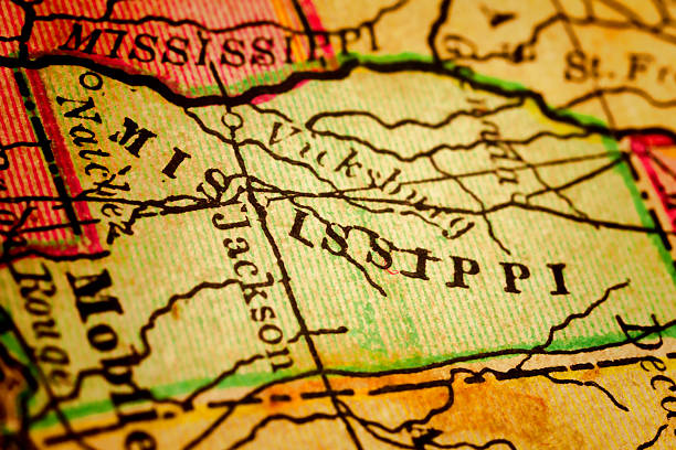 Mississippi State on an Antique map Mississippi on a 1880's map. Mississippi is a state located in the Southern United States. Selective focus and Canon EOS 5D Mark II with MP-E 65mm macro lens. vicksburg stock pictures, royalty-free photos & images
