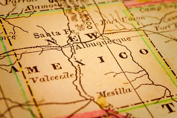 New Mexico on a 1880's map. New Mexico is a state located in the southwestern and western regions of the United States, admitted to the union in 1912. It is usually considered one of the Mountain States. Selective focus and Canon EOS 5D Mark II with MP-E 65mm macro lens.