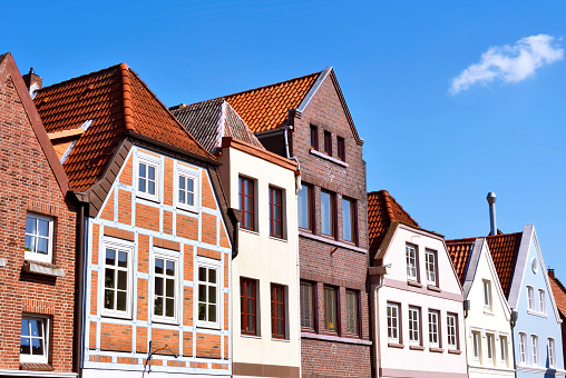 Old town facades. Historic city of Buxtehude, Hamburg, Germany. Typical houses in North Germany. Half-timbered houses.