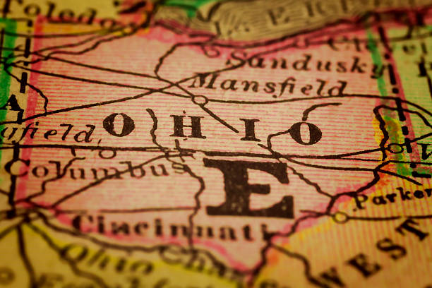 Ohio State on an Antique map Ohio on a 1880's map. Ohio is a state in the Midwestern United States. Ohio is the 34th largest (by area), the 7th most populous, and the 10th most densely populated of the 50 United States. The state's capital and largest city is Columbus. Selective focus and Canon EOS 5D Mark II with MP-E 65mm macro lens. oxford ohio photos stock pictures, royalty-free photos & images