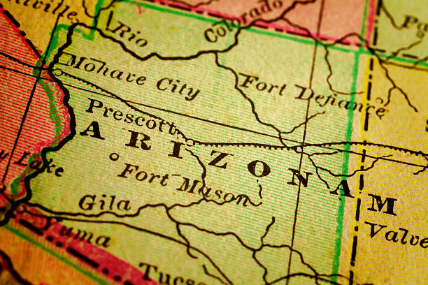 Arizona State, USA on an Antique map Arizona on a 1880's map. Arizona is a state in the southwestern region of the United States. It is also part of the Western United States and of the Mountain West states. Selective focus and Canon EOS 5D Mark II with MP-E 65mm macro lens. yuma photos stock pictures, royalty-free photos & images