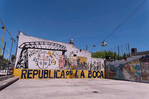 Buenos Aires, Argentina - November 23, 2013:  La Boca is a barrio (Neighbourhood) of Buenos Aires. It is known among sports fans for La Bombonera stadium, home of Boca Juniors, one of the world's best known football clubs. In this shot, a popular football/basket field with an artistic mural in the background.