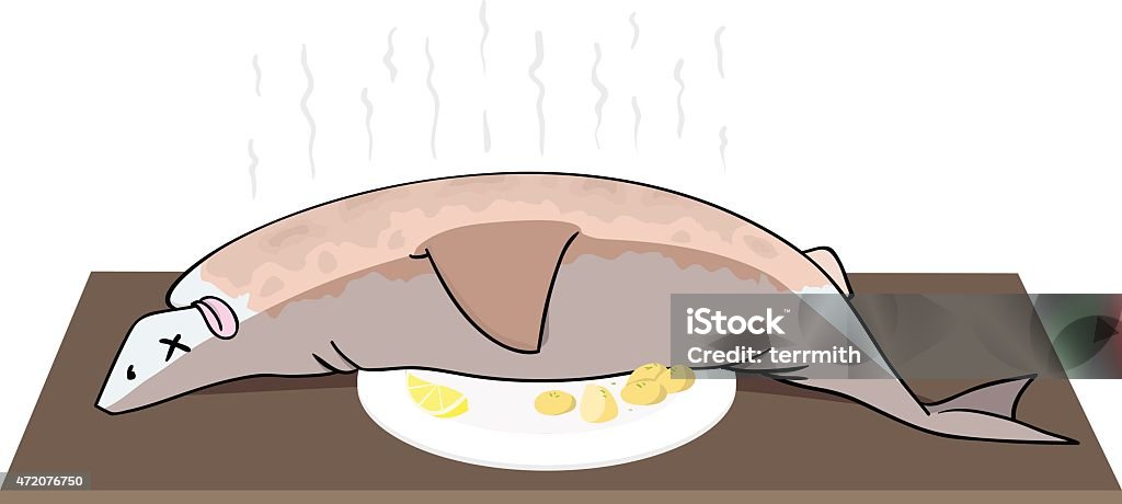 Grilled shark Grilled shark is served on a platter with lemon and potatoes. Its tongue is sticking out. 2015 stock vector