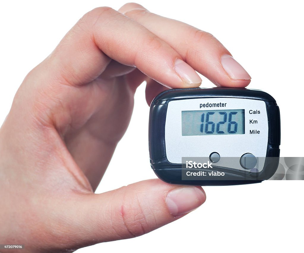 Podometer Side Closeup Of Hand Holding Digital Pedometer On White Background Stock ...