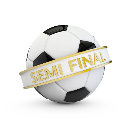 A 3D digital render of a black and white football. The soccer ball is on a plain white background and has a small shadow underneath. Around the ball is a white banner with gold edging. The banner is at a diagonal angle with the word semi final written in gold text.