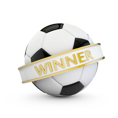 A 3D digital render of a black and white football. The soccer ball is on a plain white background and has a small shadow underneath. Around the ball is a white banner with gold edging. The banner is at a diagonal angle with the word Winner written in gold text.