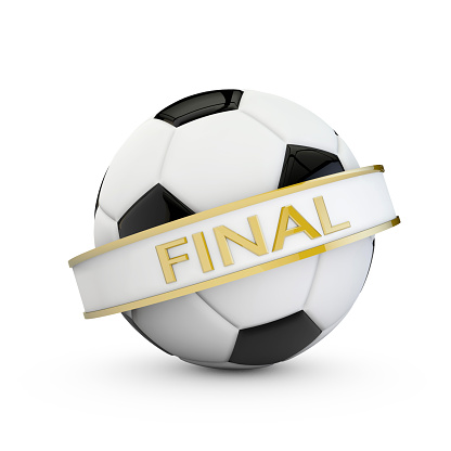 A 3D digital render of a black and white football. The soccer ball is on a plain white background and has a small shadow underneath. Around the ball is a white banner with gold edging. The banner is at a diagonal angle with the word Final written in gold text.