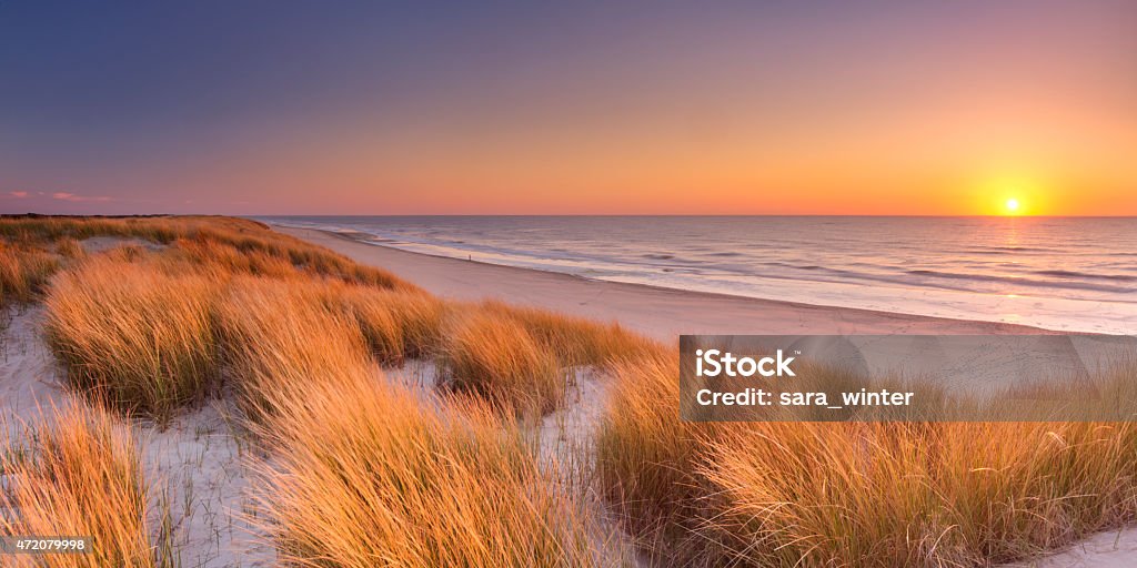 Dunes y la playa en el atardecer en Texel island, los Países Bajos - Foto de stock de Puesta de sol libre de derechos