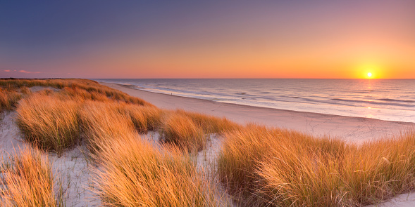 Tall dunes with dune grass and a wide beach below. Photographed at sunset on the island of Texel in The Netherlands.