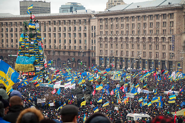 Kiev, Ukraine - December 8, 2013: The picture was taken on the Independence square. Anti-governmental protests. The protests were provoked when the Ukrainian president denied to sign an agreement with the EU.