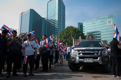 Bangkok, Thailand - Dec 9, 2013 : Thai anti-government protesters rally from SCB park to downtown Bangkok