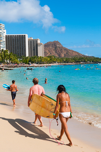 Hawaii surf couple on waikiki beach in Honolulu, Hawaii. Summer holidays travel destination young people relaxing. Healthy active lifestyle.