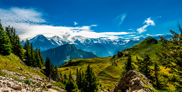 Mountains in Bernese Alps, Switzerland. From the left to the right side: The Eiger 3 ,970 m (13,020 ft), The Mönch (German: \