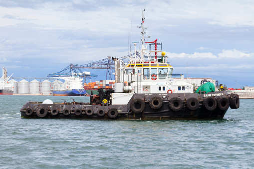 Veracruz, Mexico - November 23, 2013:  Close up of a tugboat in motion in the Port of Veracruz