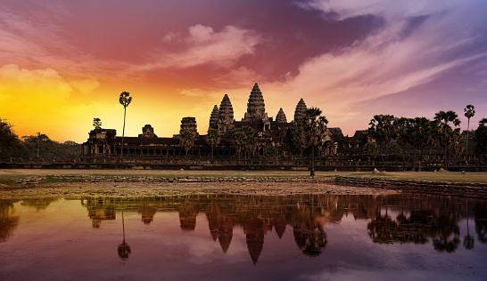 temple of angkor in cambodia at sunset