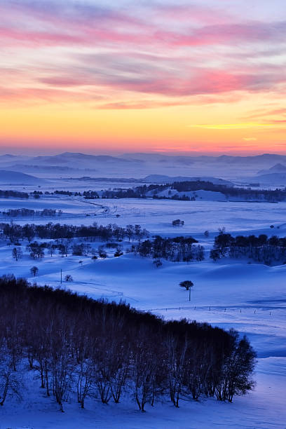 Winter, the sunset in wilderness areas, in Inner Mongolia autonomous region, China.