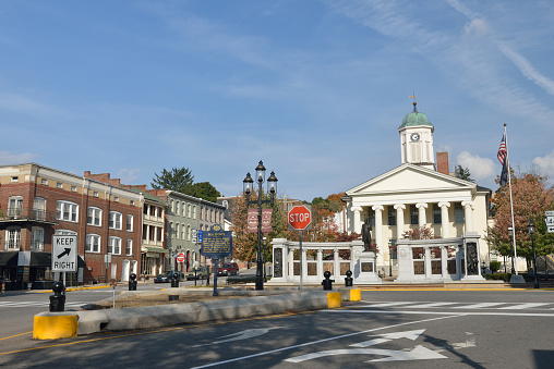 Bellefonte, USA - October 6, 2013. Street view of Bellefonte with the historic Court House on right. Bellefonte is a small town in the Centre County of Pennsylvania with a population over six thousands. Established in 1795, Bellefonte served as a home to five governors of Pennsylvania and filled with charming Victorian mansions. It is in a short distance from University Park, the main campus of Pennsylvania State University, located in State College.