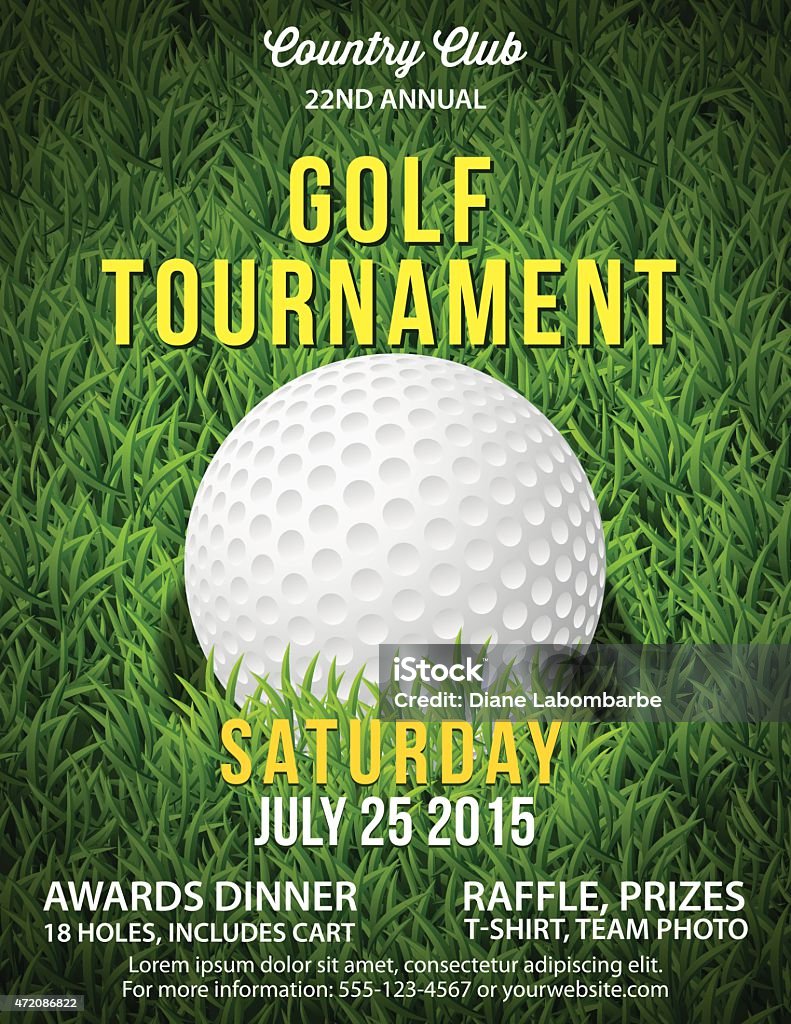 Golf Tournament Invitation Flyer With Grass And Ball Vector Golf Tournament poster invitation template. Large field of grass with one ball in the center. The ball is partially in the grass. There is room for text at the top and bottom. Golf stock vector