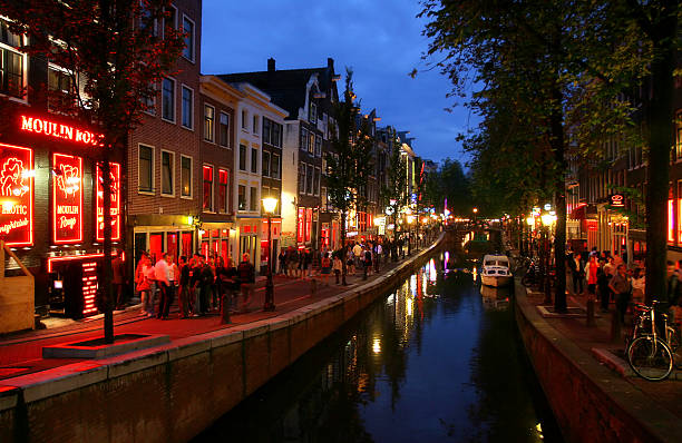 Red Light District at night. stock photo