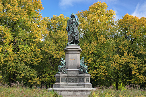 Carl Linnaeus Monument in Humlegarden park in Stockholm, Sweden. The monument by swedish sculptor Frithiof Kjellberg was unveiled on May 13, 1885.